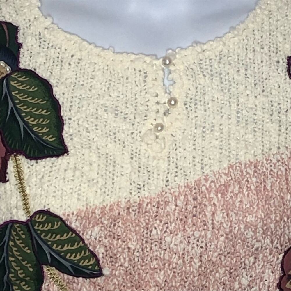 Vintage 90s Floral Embroidered Sweater L Cream Pearl Applique Cottagecore Retro - Picture 8 of 14